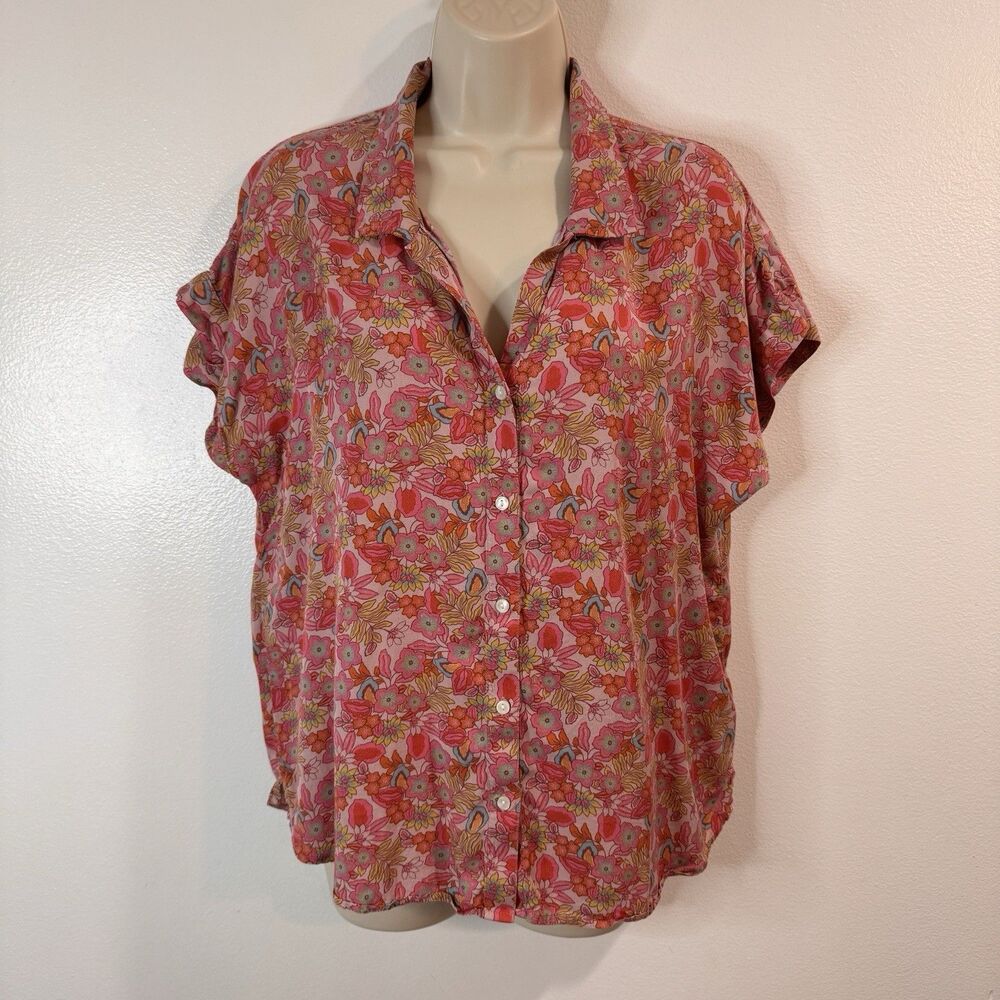 Lucky Brand T-shirt M Womens Retro Floral Mod Pink Blue Button Front Boho